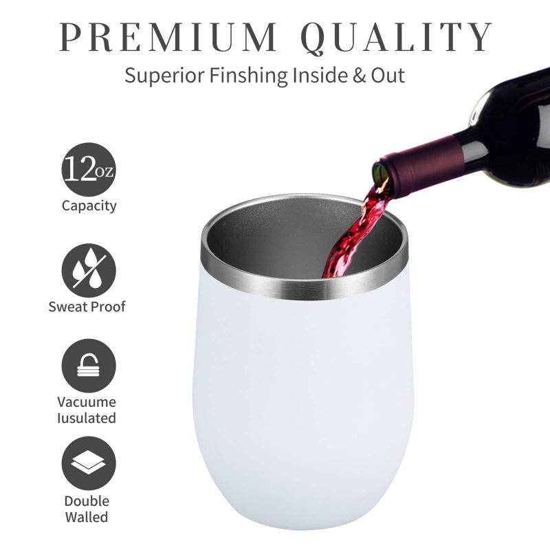 MEWAY 12oz/8 Pack Wine Tumbler Glasses with Lid - Stemless Double Wall Vacuum Stainless Steel Travel Tumbler - Keeping Cold & Hot for Wine,Coffee,Cocktails,Drinks-Family and Gifts (White,Set of 8) - Image 4